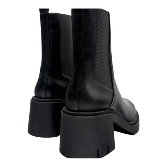 Zara Black Leather Ankle Boots Platform Lug Sole Heel Chelsea Booties Size 41 - Picture 6 of 15